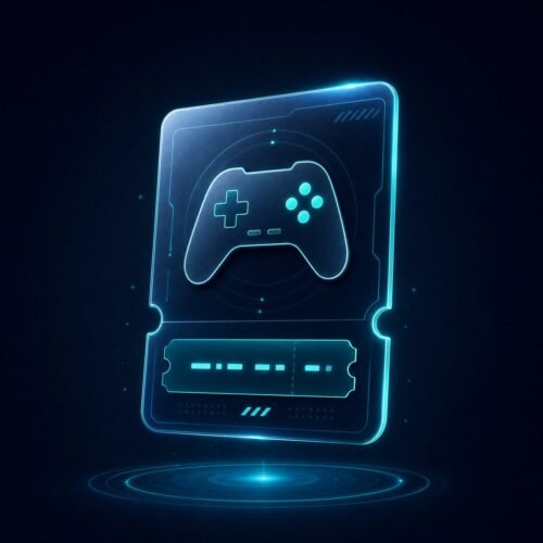 صورة تجريبية لبطاقة ألعاب ومنصات رقمية بتصميم كحلي وفيروزي